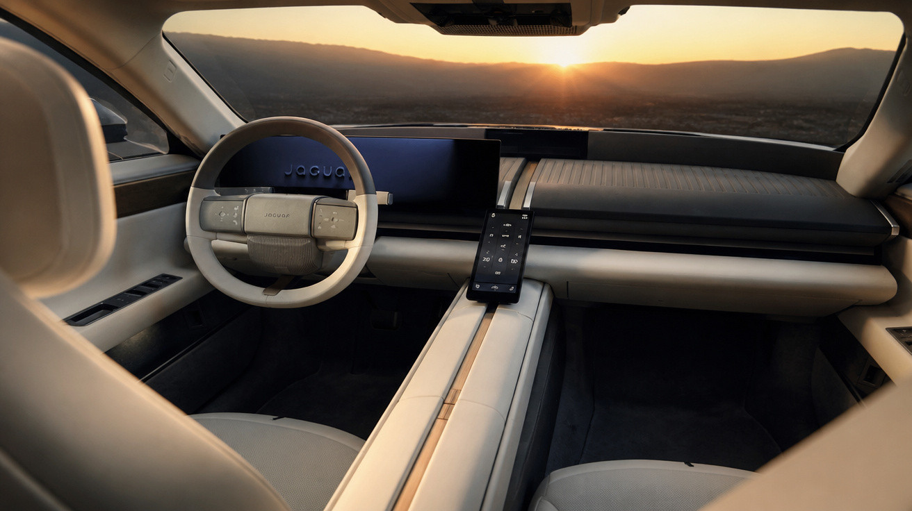 Interior of a modern Jaguar car at sunset showing steering wheel, digital display, and centre console with smartphone docked.