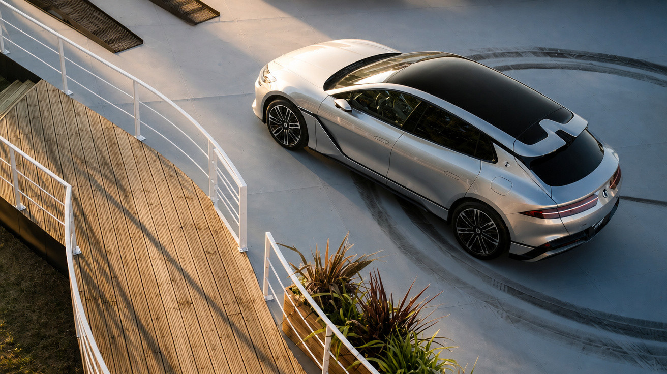 Silver modern electric car parked near wooden deck with plants, viewed from above on concrete surface.