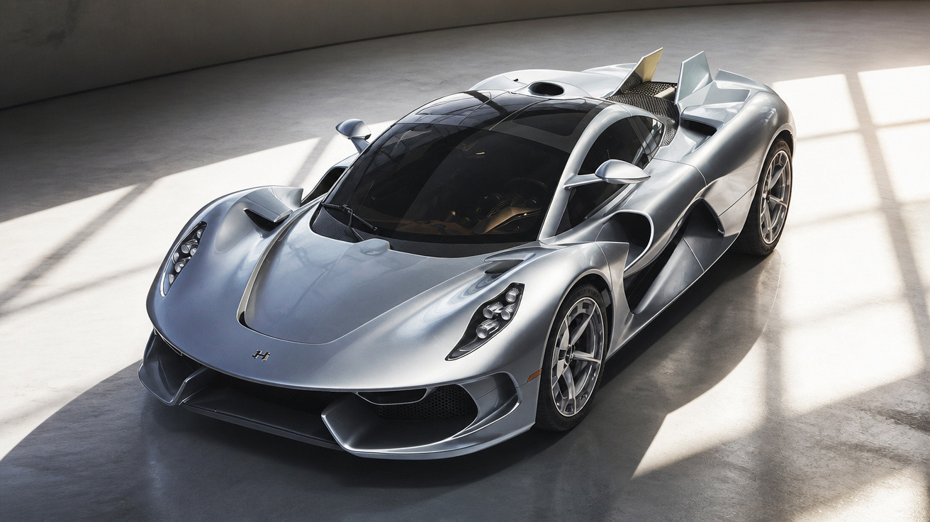 Silver modern hypercar with sleek aerodynamic body parked indoors under window light shadows.