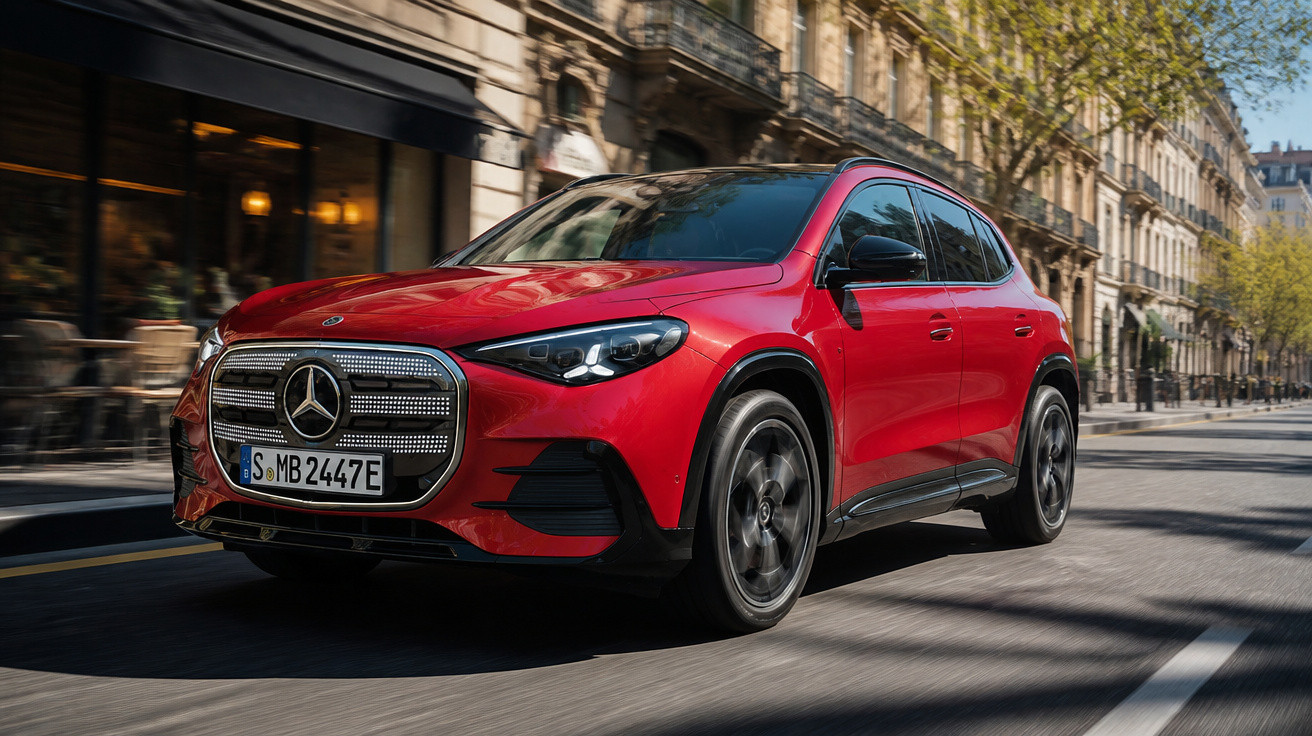 Red Mercedes-Benz electric SUV driving on a city street with historic buildings in the background.
