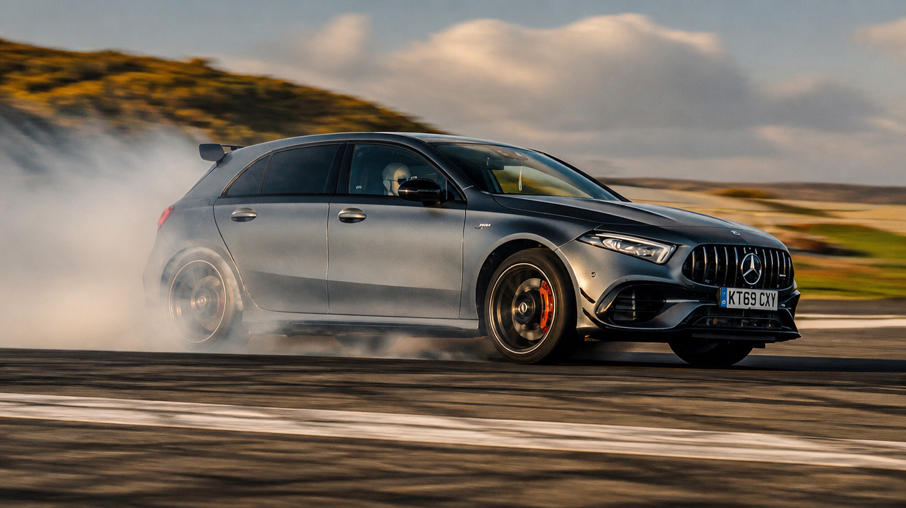 Grey Mercedes-AMG hatchback drifting on a race track, producing smoke from the rear tyres.
