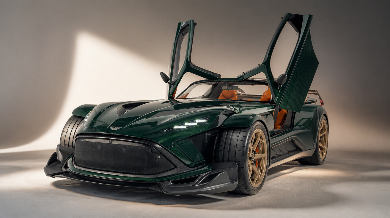 Dark green sports car with butterfly doors open, bronze wheels, and sleek aerodynamic design in a studio setting.