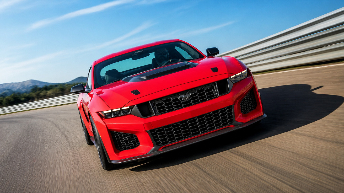 Red sports car driving on a curved racetrack under a clear blue sky with mountains in the background.