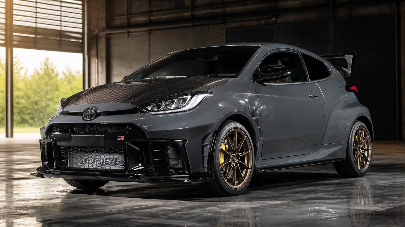 Grey Toyota GR Yaris with bronze wheels parked in a dimly lit industrial space with large windows.