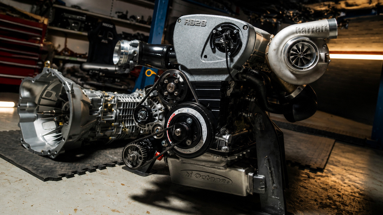 High-performance RB26 engine with Garrett turbocharger and attached transmission on workshop floor.