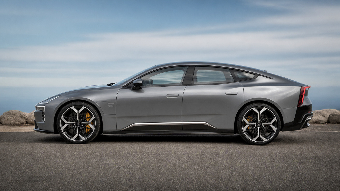 Side view of a sleek grey electric sports sedan parked on a road with rocks and a cloudy sky background.