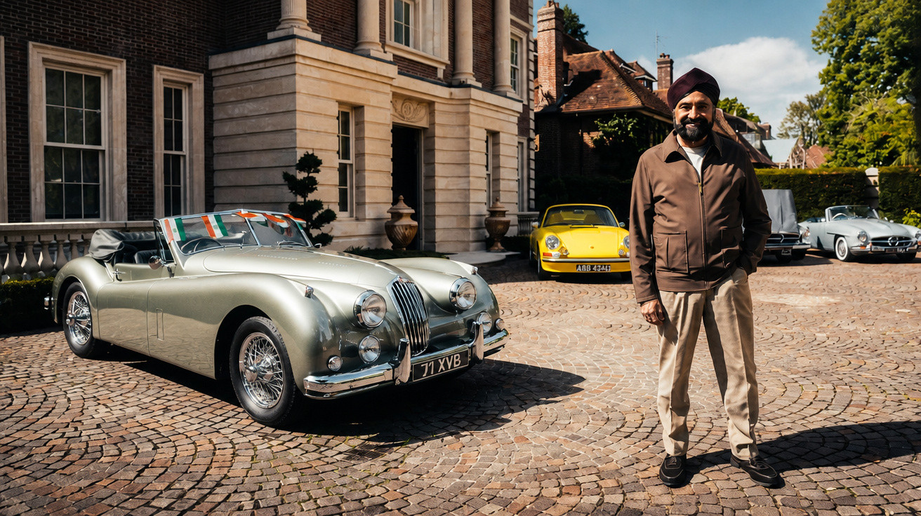 Man in brown jacket and turban stands on cobblestone driveway with classic cars and stately home behind him.