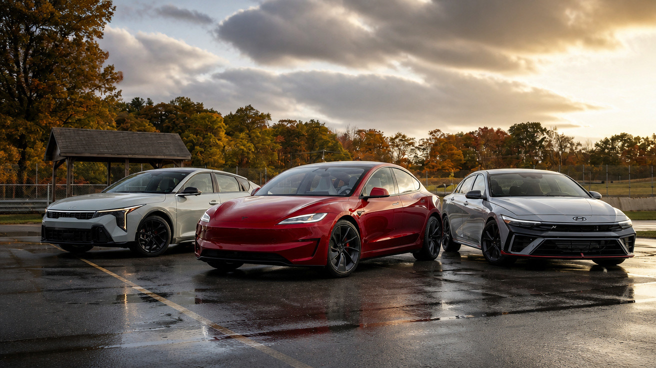 Three modern electric cars parked on wet asphalt under a cloudy autumn sky with trees in the background.