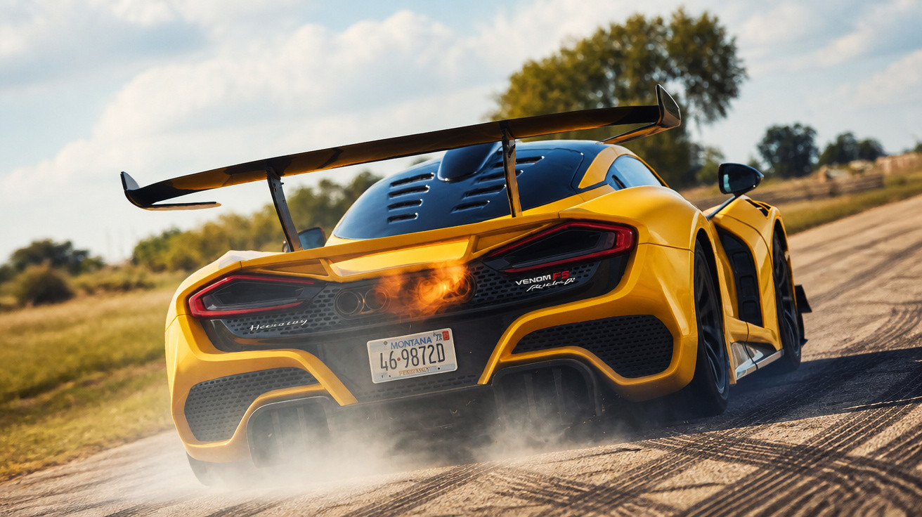 Yellow Hennessey Venom F5 sports car speeding on dirt road with flames coming from exhaust.