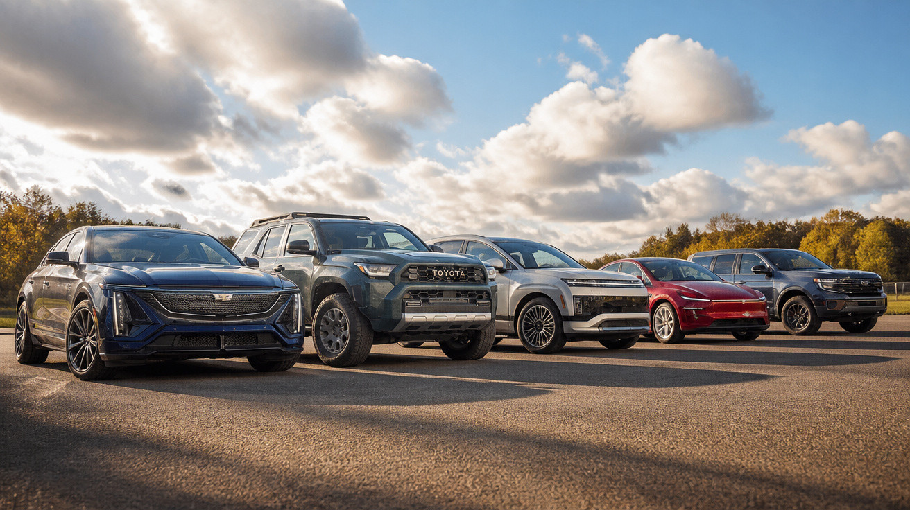 Five modern SUVs and electric vehicles parked side by side under a partly cloudy sky on a sunny day.
