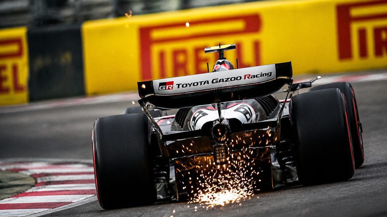 Formula 1 car from Toyota Gazoo Racing emitting sparks on a racetrack corner with Pirelli adverts in the background.