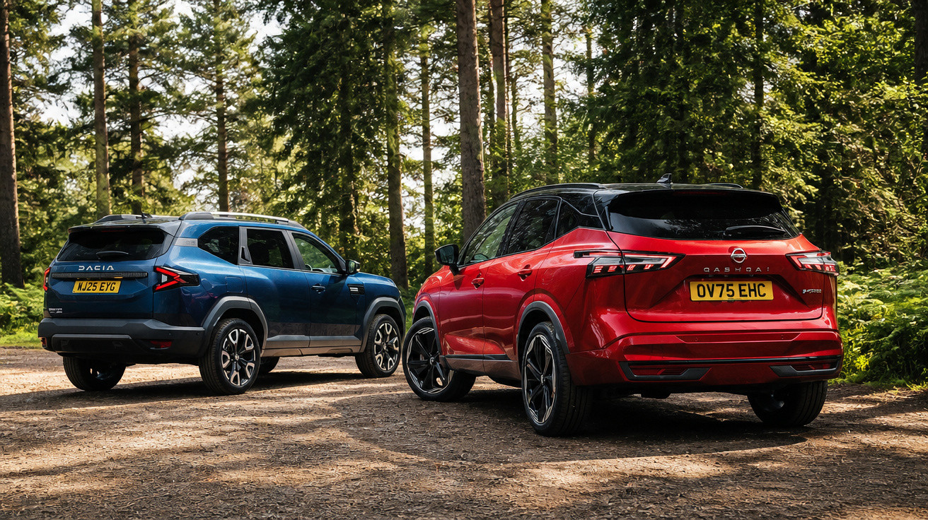Red Nissan Qashqai and blue Nissan Juke parked on a forest dirt path with tall trees in the background.