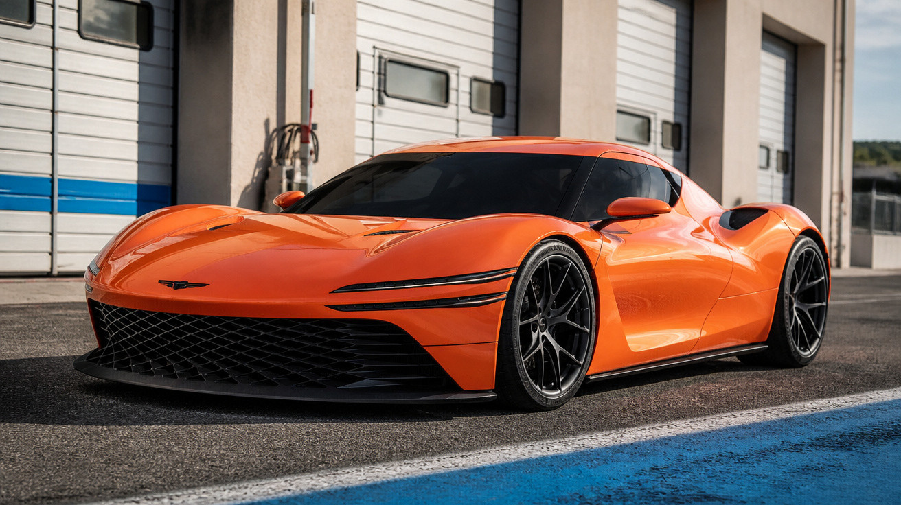 Orange low-profile sports car parked on a racetrack in front of garage doors on a sunny day.