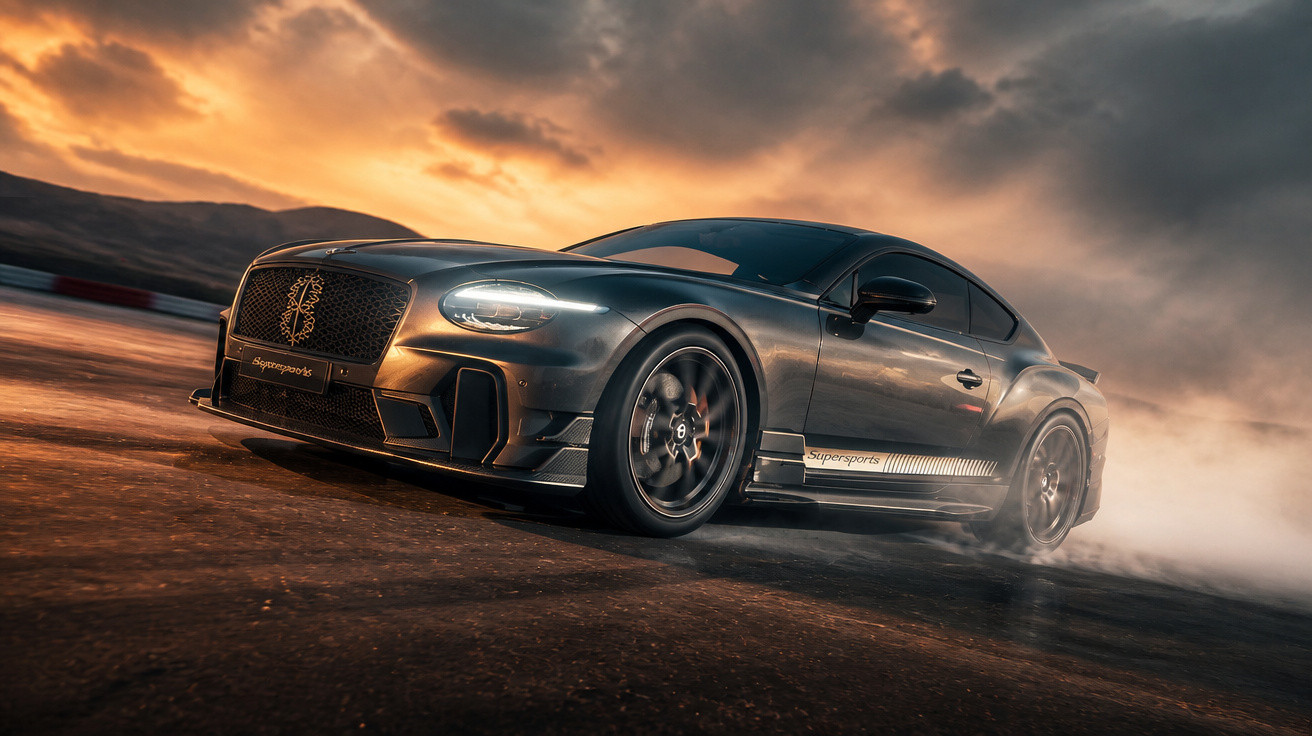 Bentley Supersports car drifting on tarmac at sunset with smoke trailing from rear wheels.
