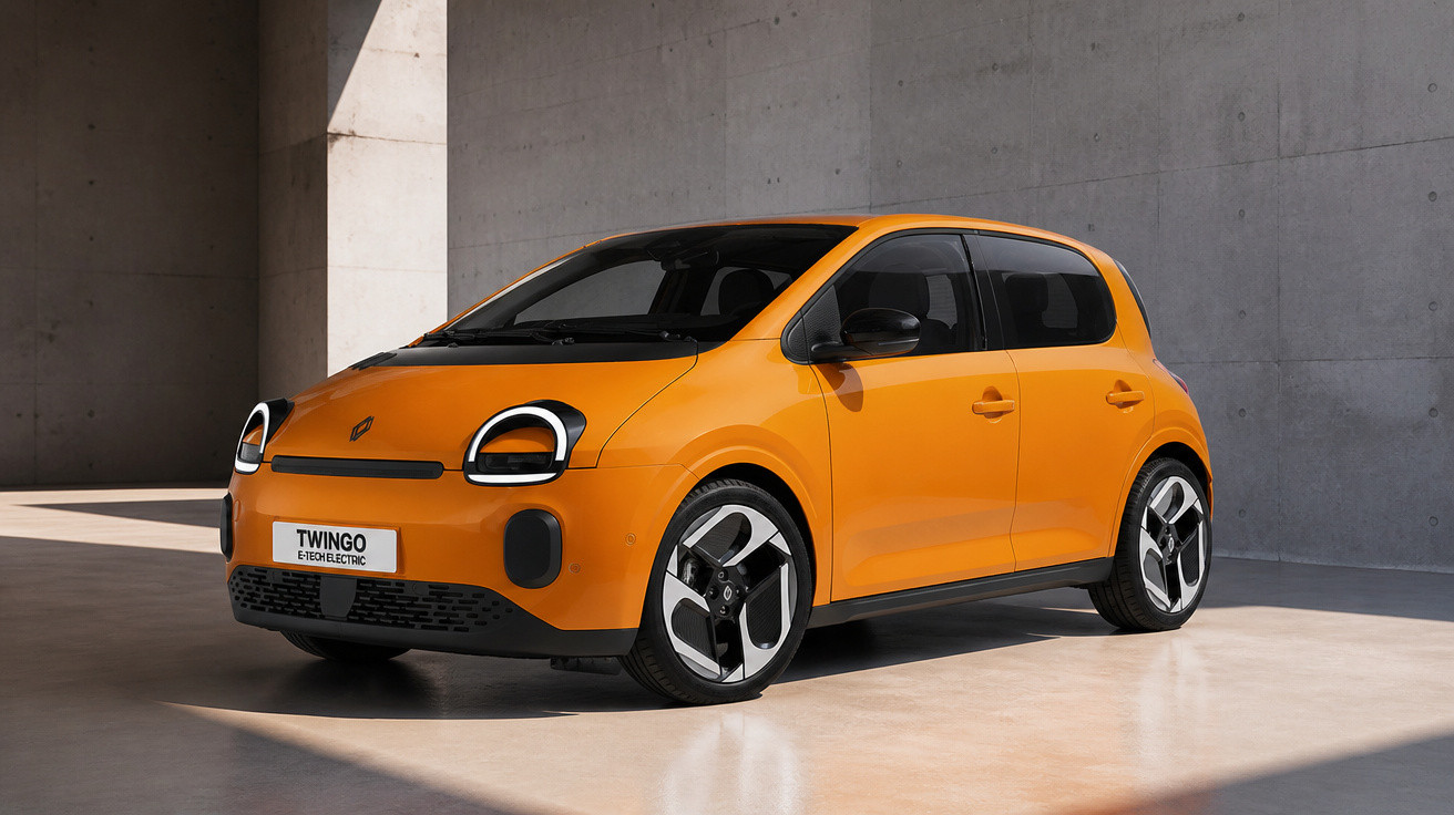 Orange Renault Twingo electric compact car parked indoors against a concrete wall background.