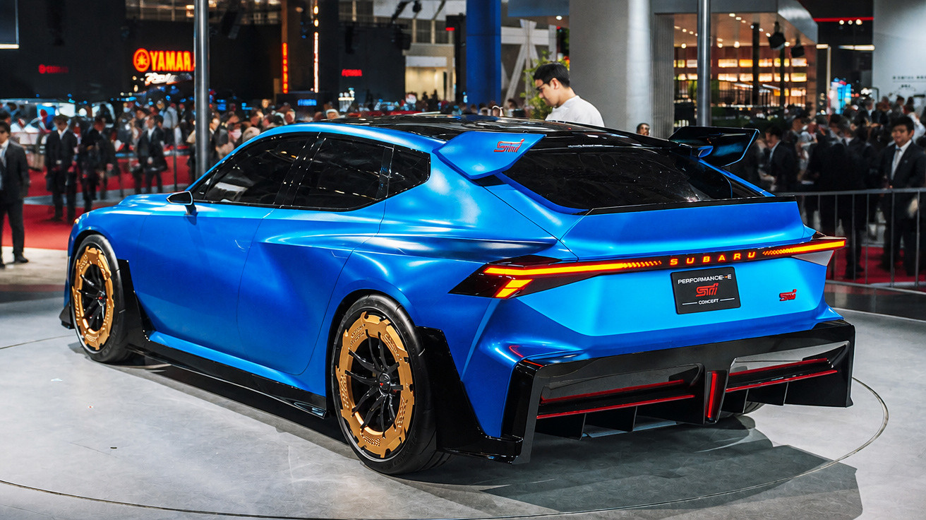Blue Subaru concept car with gold rims and rear spoiler displayed at an indoor auto show.
