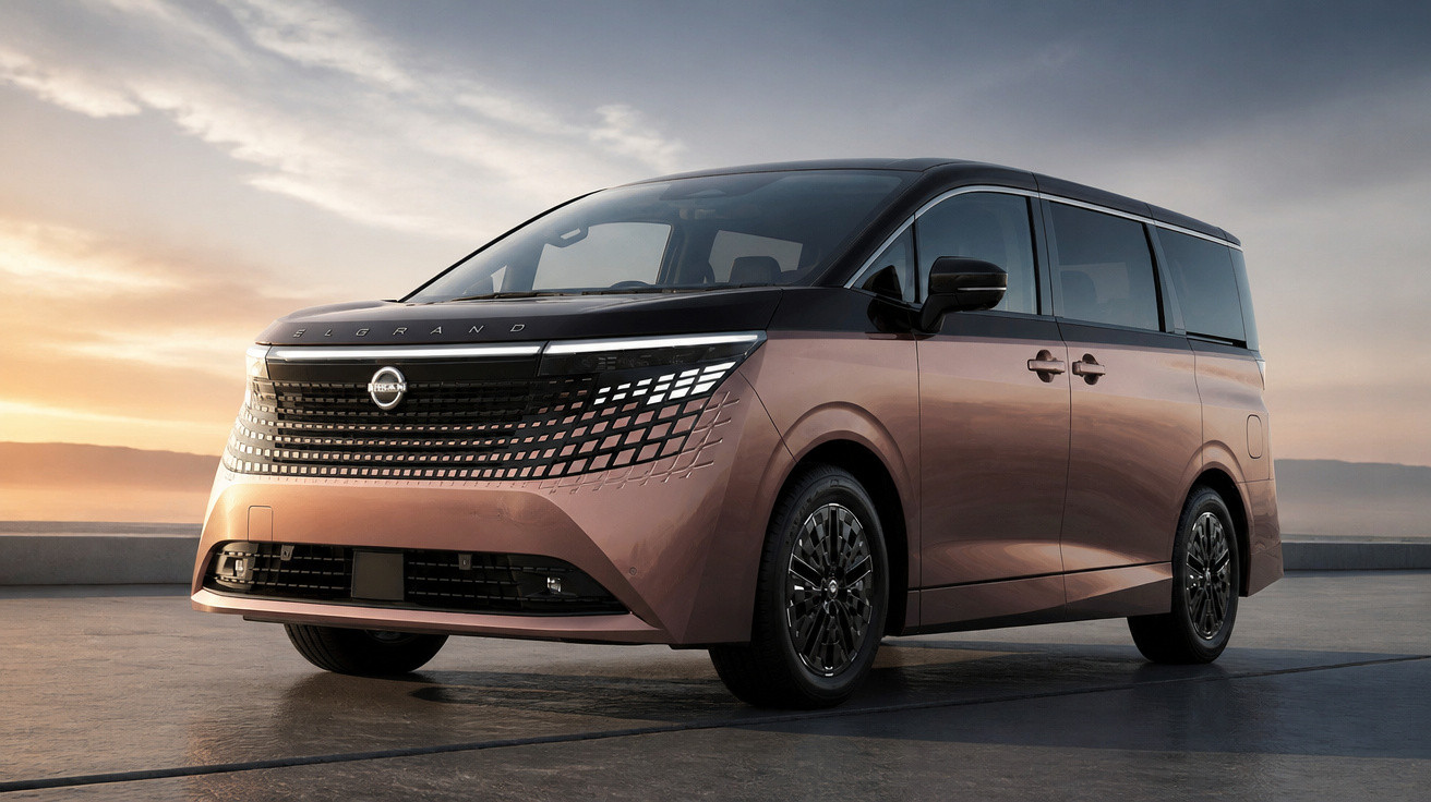 Modern rose gold Nissan minivan with black roof parked on concrete under a cloudy sunset sky.