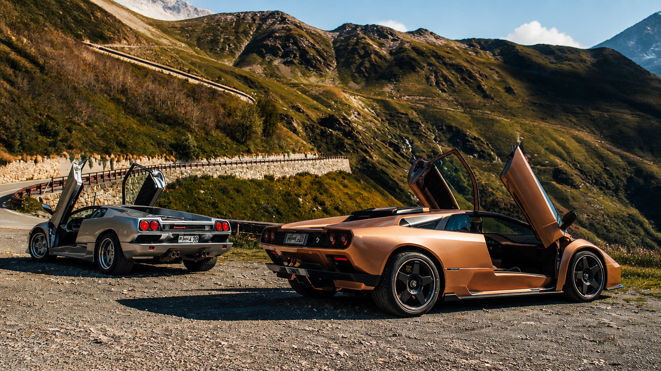 Two Lamborghini sports cars with open scissor doors parked on a mountain road with rolling hills.