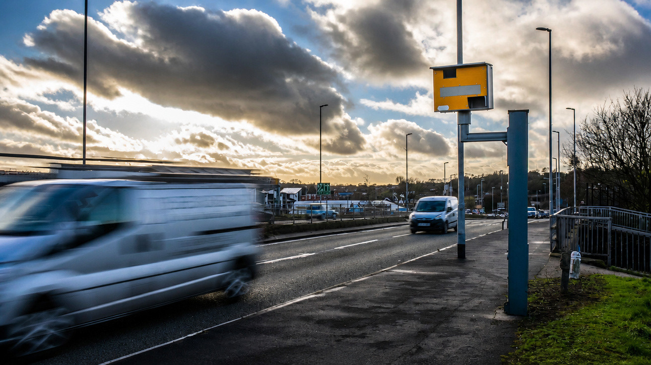 Blurred white van speeding past a speed camera on a road at sunset under a cloudy sky.