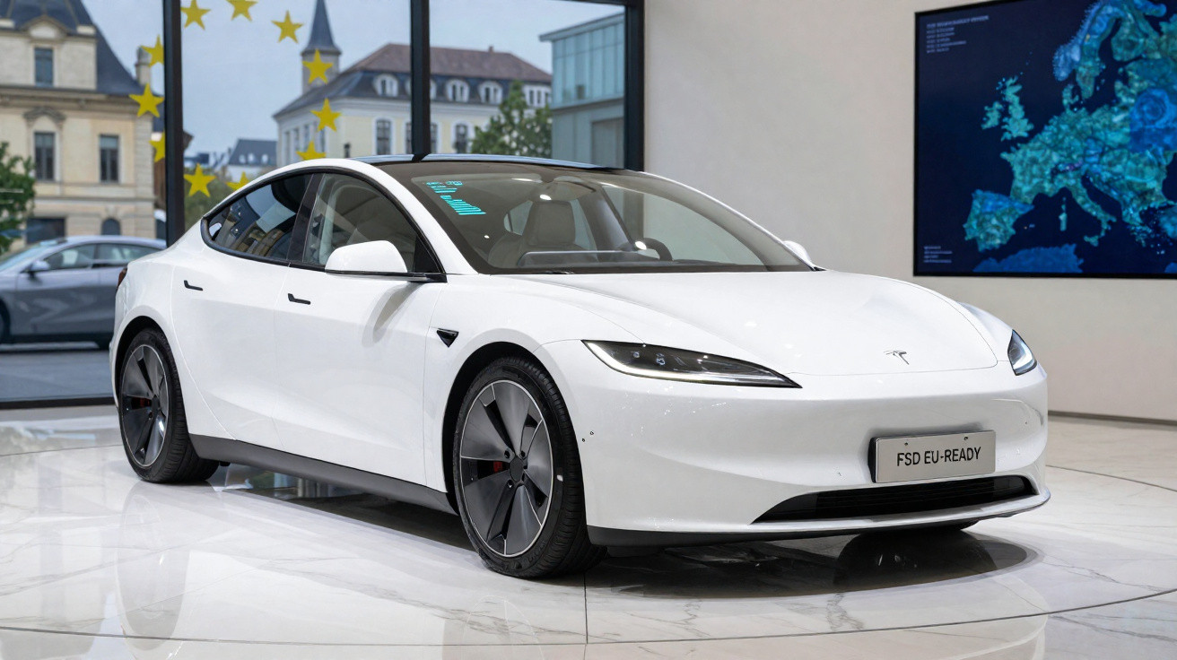 White Tesla Model S electric car displayed indoors with European map and stars in the background.