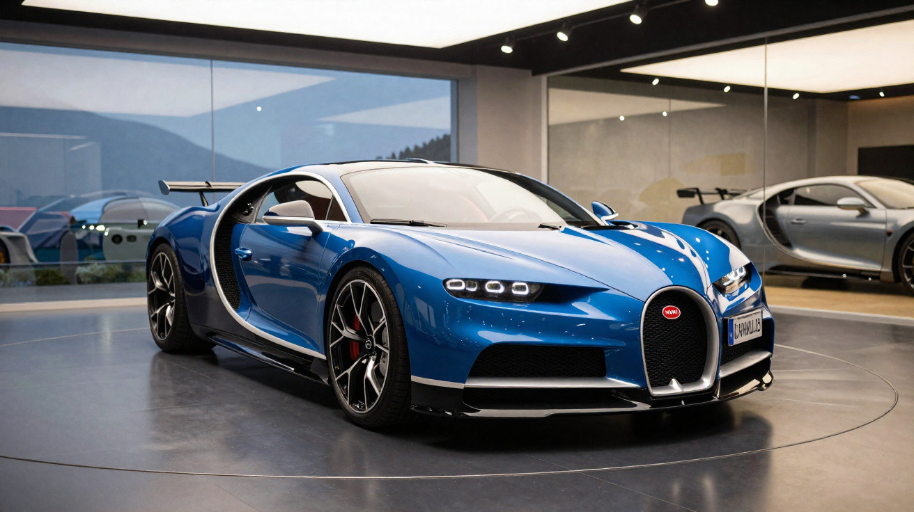 Blue Bugatti Chiron sports car displayed in a modern showroom with reflective glass walls and other luxury cars visible.