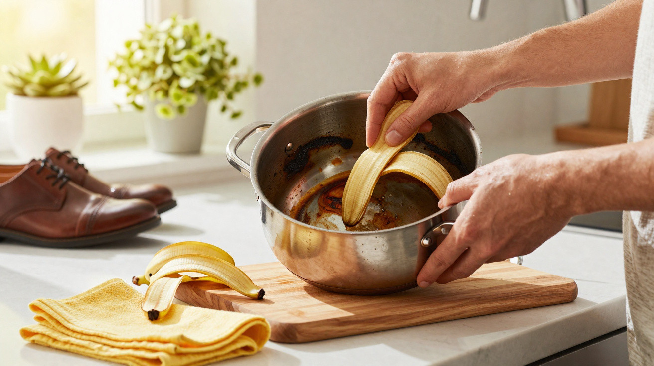 Person peeling a banana over a stained saucepan on a kitchen countertop with shoes and plants in background.