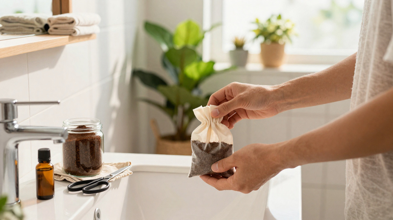 Hands holding a small fabric pouch filled with coffee grounds over a bathroom sink with plants in the background.