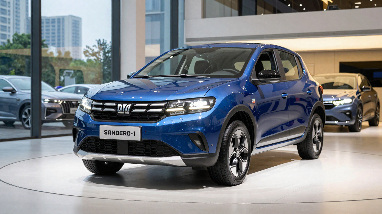 Blue Sandero-1 compact crossover showcased indoors with city buildings visible through glass windows.