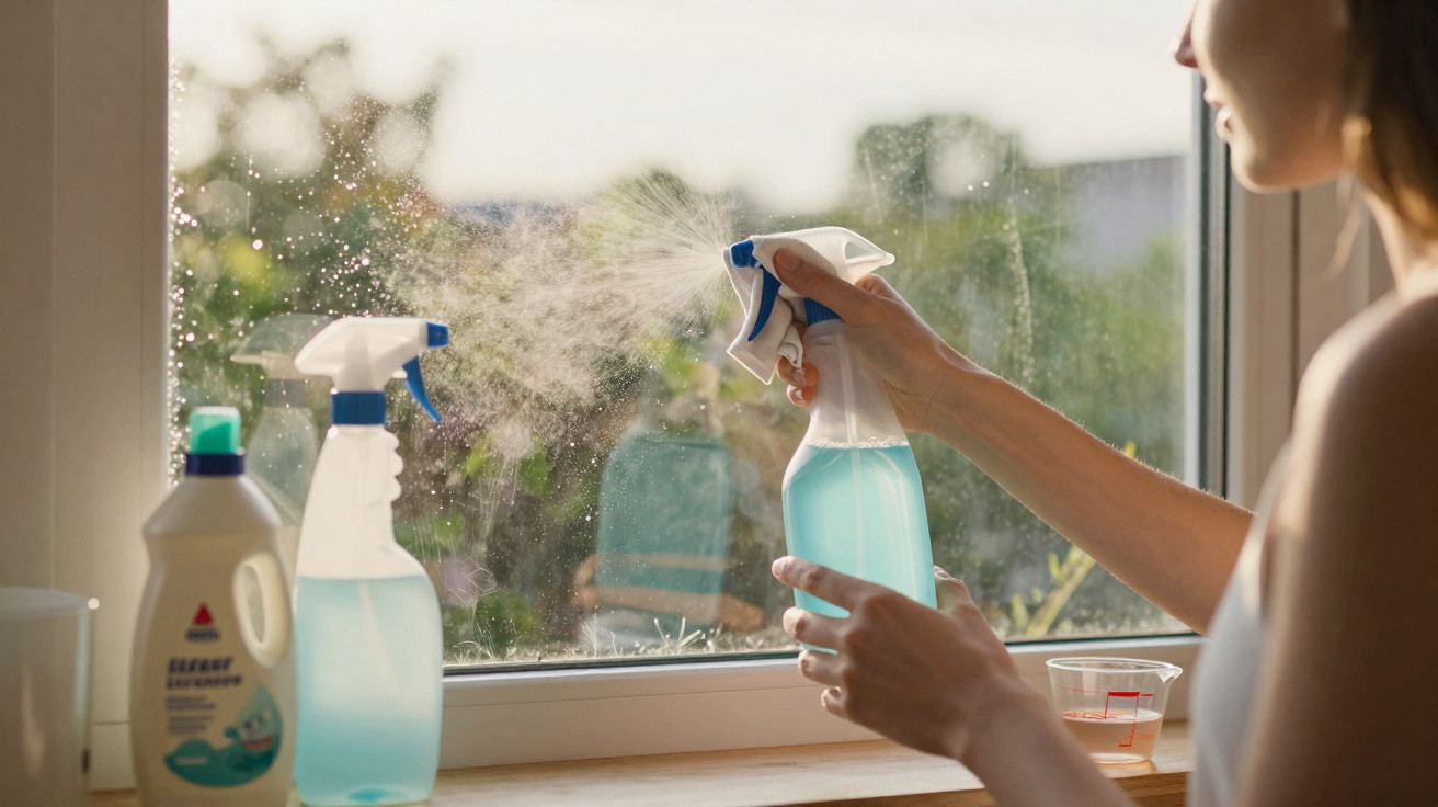 Person spraying blue cleaning solution on a window with cleaning products on the windowsill.