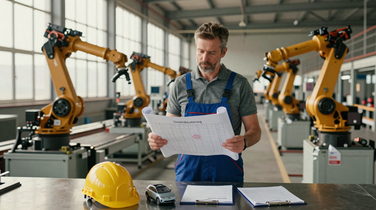 Engineer in blue overalls examining blueprints in a factory with yellow robotic arms and safety helmet on the table.
