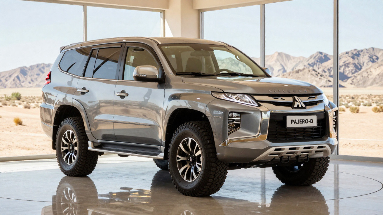 Silver Mitsubishi Pajero-D SUV displayed indoors with desert mountains visible through large glass windows.