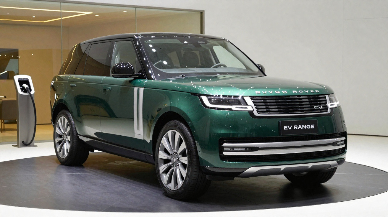 Green Range Rover EV plugged into charging station displayed indoors on rotating platform.