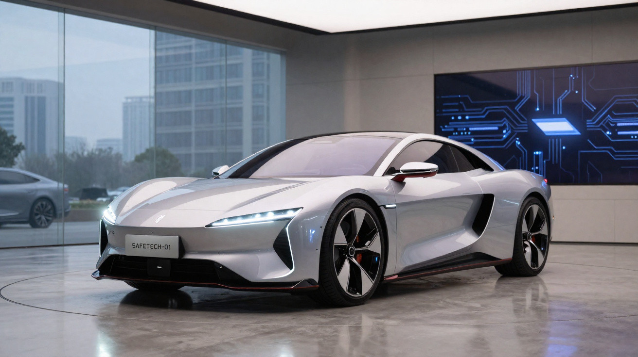 Silver Safetech-01 electric sports car displayed in modern showroom with LED headlights on.