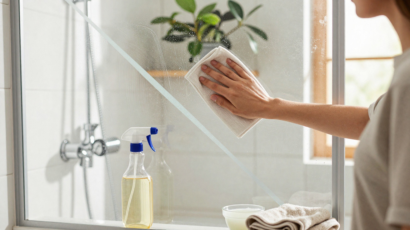 Person cleaning a glass shower door with a cloth, spray bottle, and folded towels nearby.