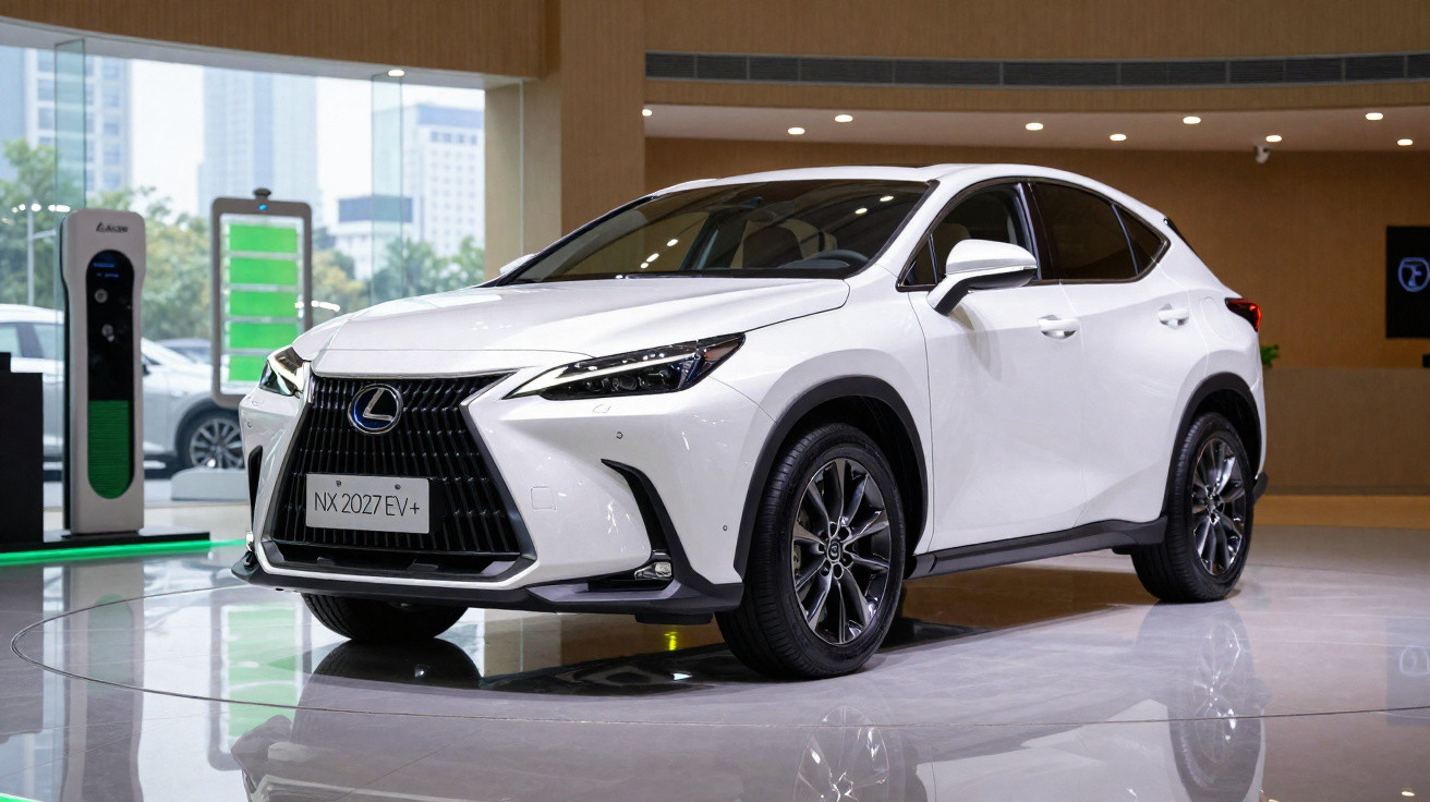 White Lexus NX 2027 EV+ electric SUV displayed indoors on a glossy floor near a charging station.