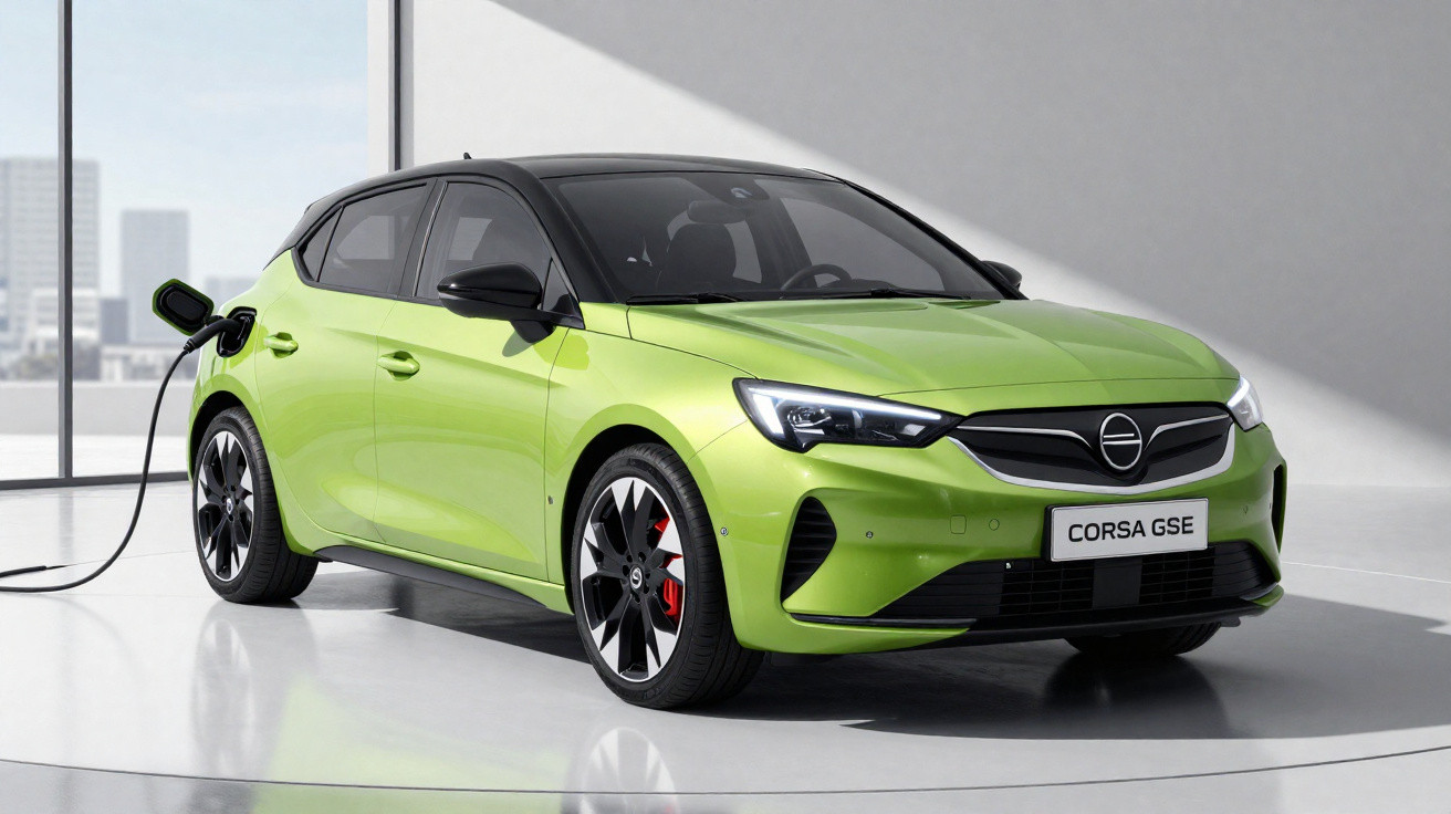Green Opel Corsa GSE electric car charging indoors with black roof and red brake calipers.