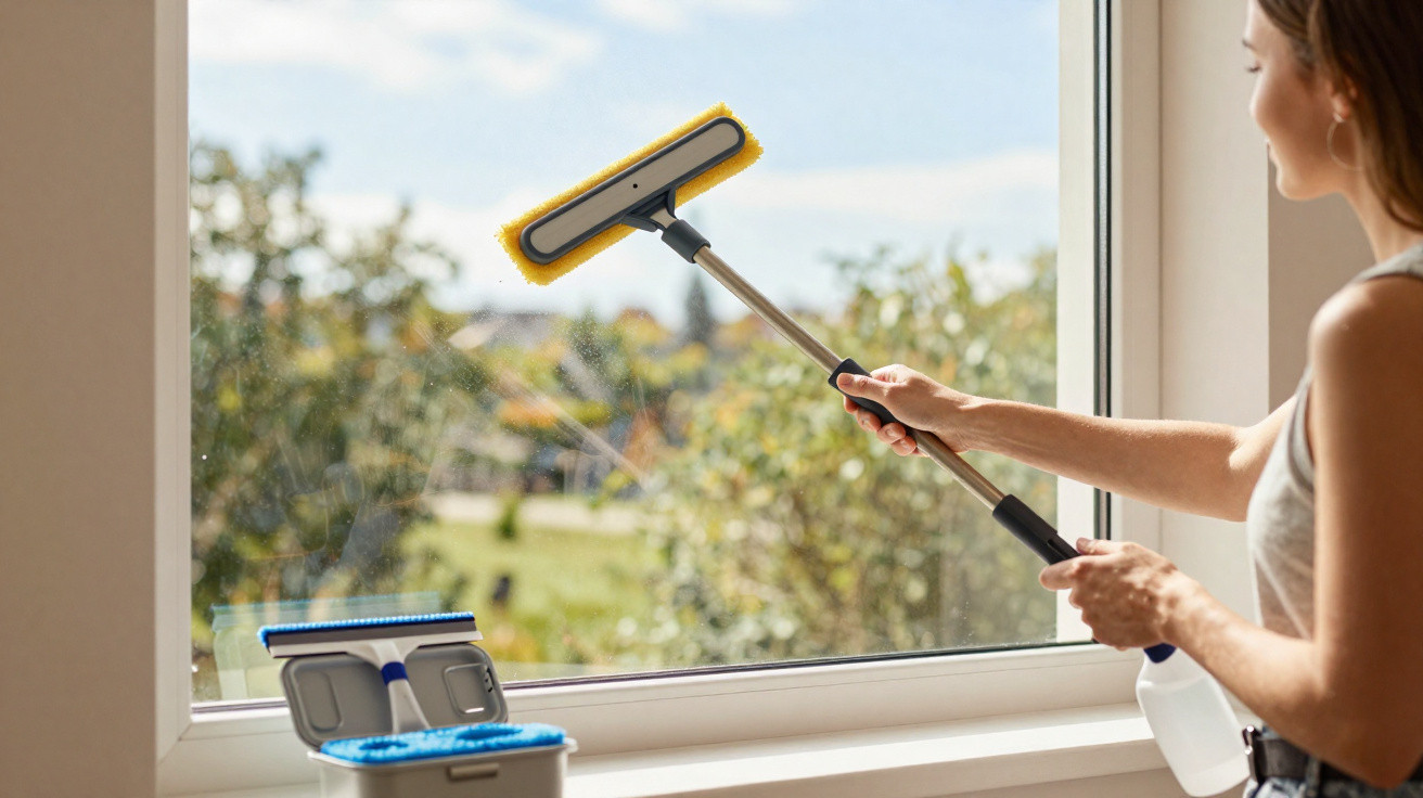 Woman cleaning a large window with a squeegee and spray bottle on a bright, sunny day.