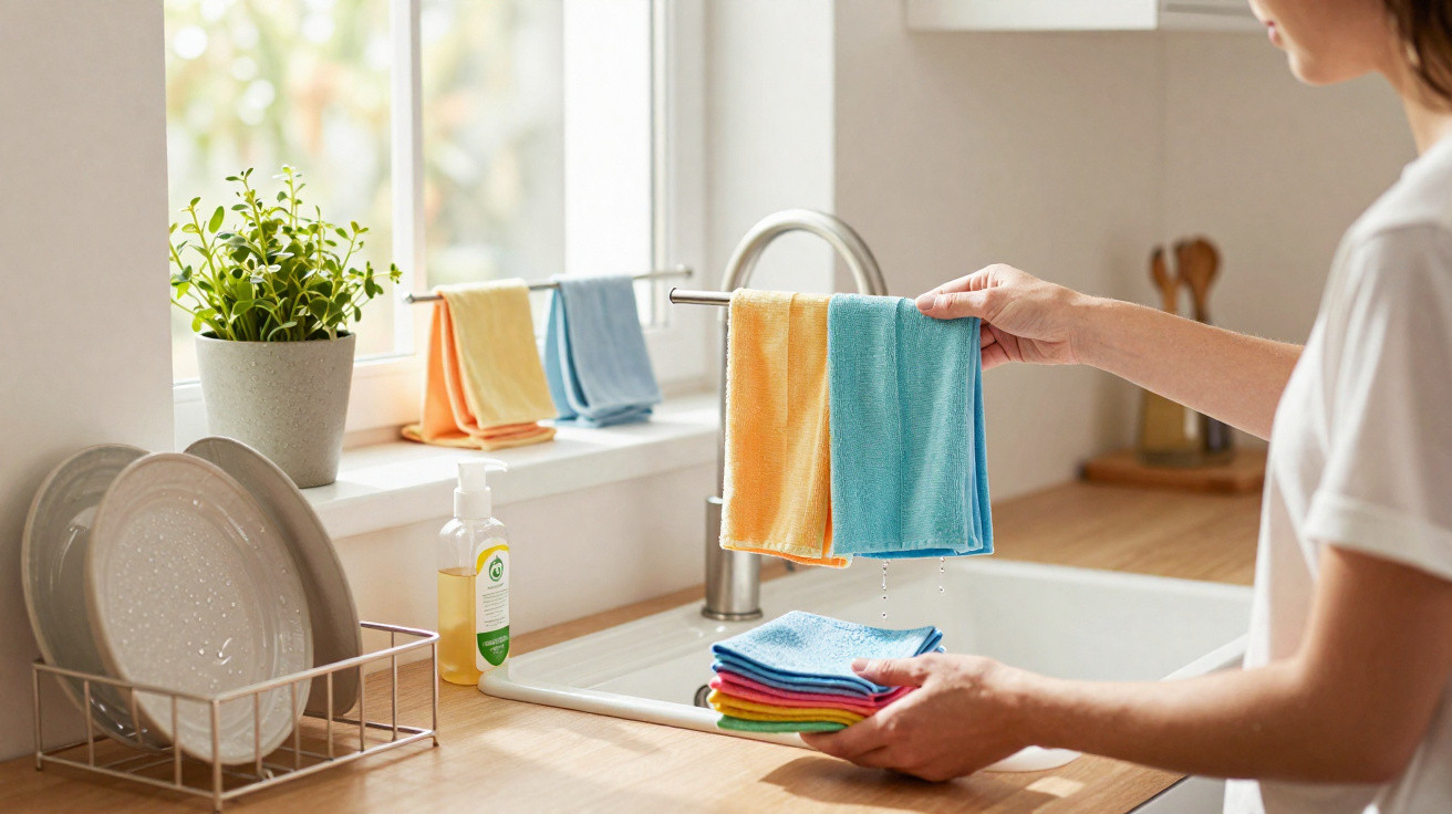 Person drying colourful cloths by the kitchen sink with dry cloths and clean plates on the counter.