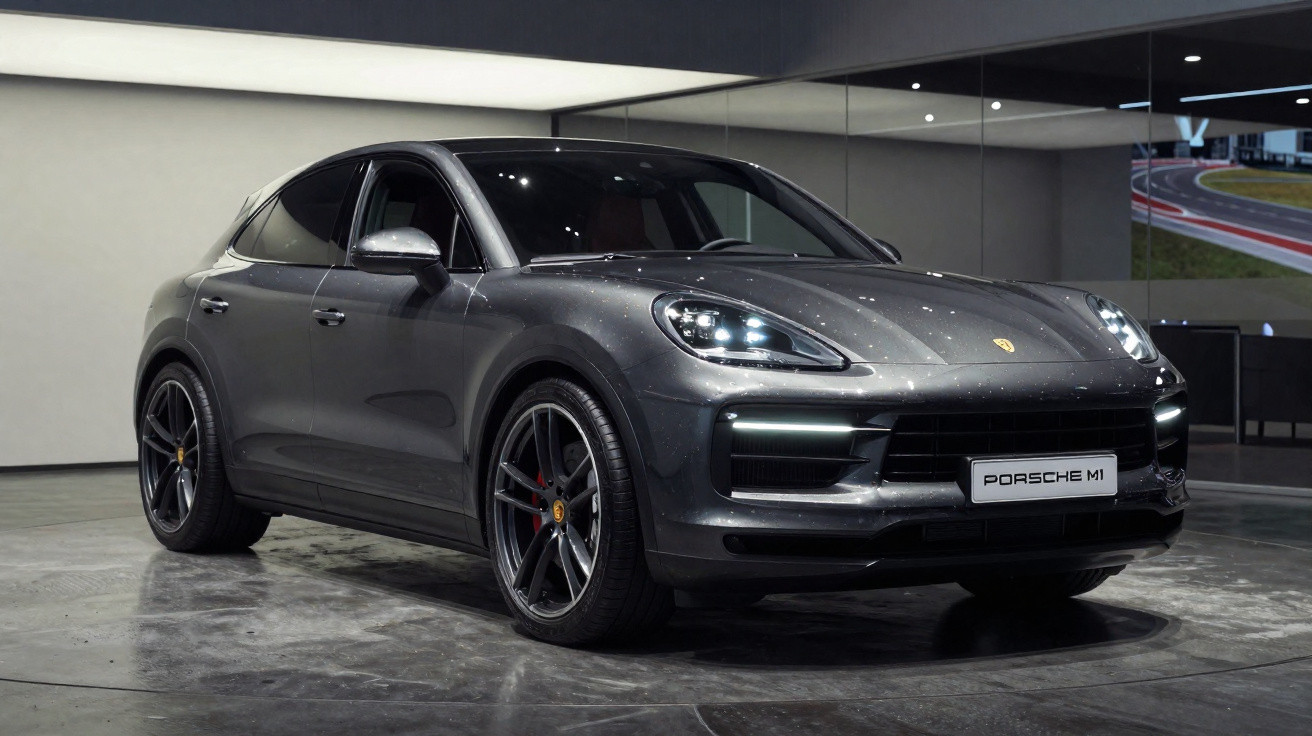 Dark grey Porsche Macan M1 SUV displayed indoors with front lights on and shiny alloy wheels.