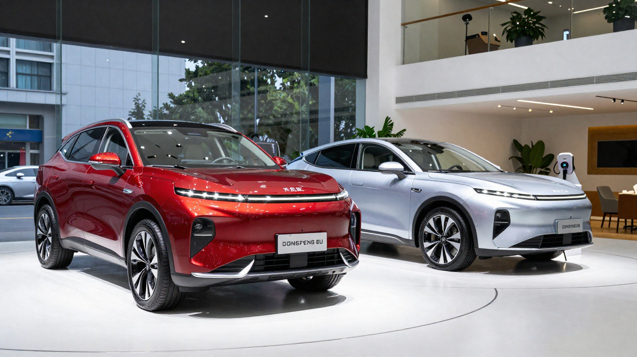 Two modern electric SUVs, one red and one silver, displayed indoors with plants and seating area in the background.