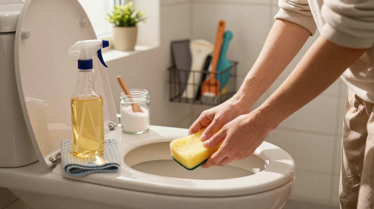 Person cleaning a white toilet seat with a yellow sponge and cleaning spray bottle beside it in a bathroom.