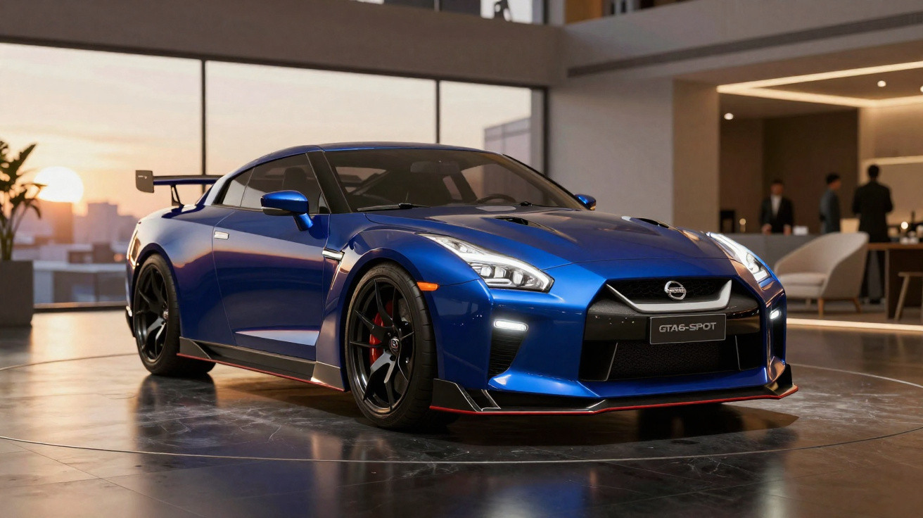 Blue Nissan GT-R sports car displayed indoors with sunset visible through large windows.