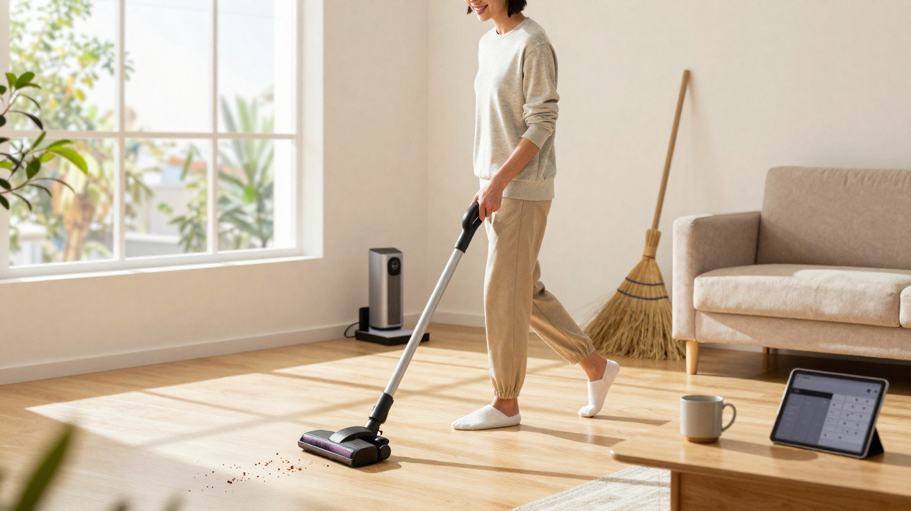 Person vacuuming wooden floor in sunlit living room with sofa, broom, tablet, and coffee mug nearby