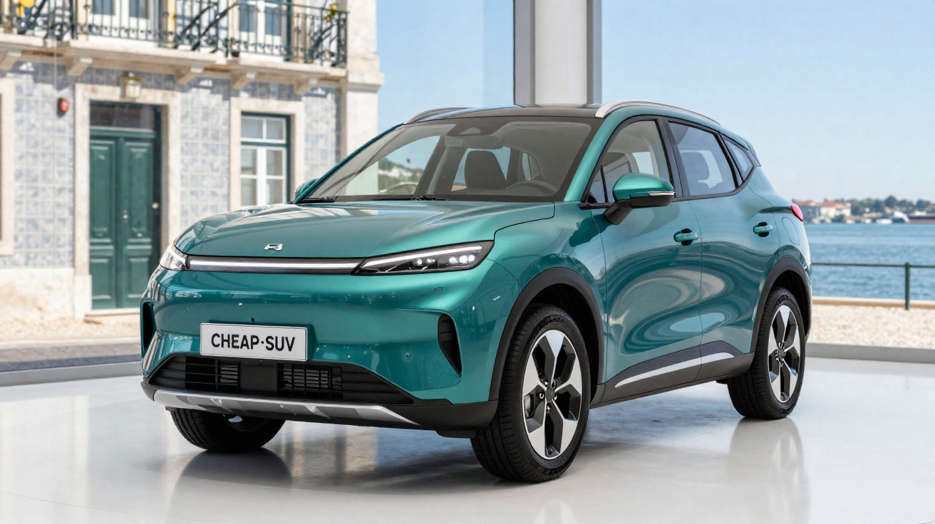 Green compact SUV with sleek design displayed indoors near large windows overlooking waterfront.