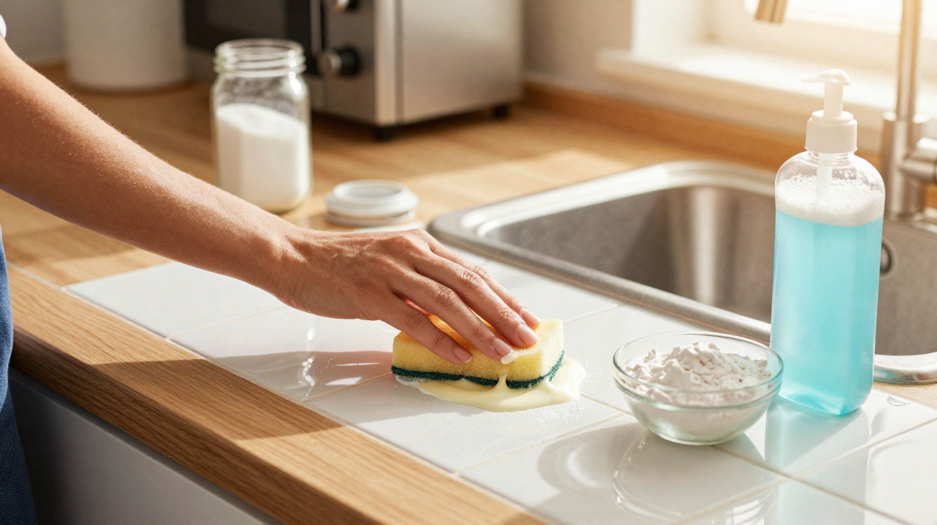 Hand cleaning white tiled kitchen countertop with yellow sponge, blue liquid soap, and a bowl of powder nearby.