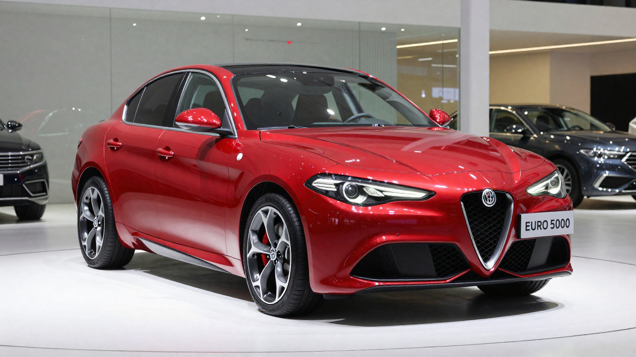 Red Alfa Romeo sports sedan displayed indoors on a white platform with other cars in the background.