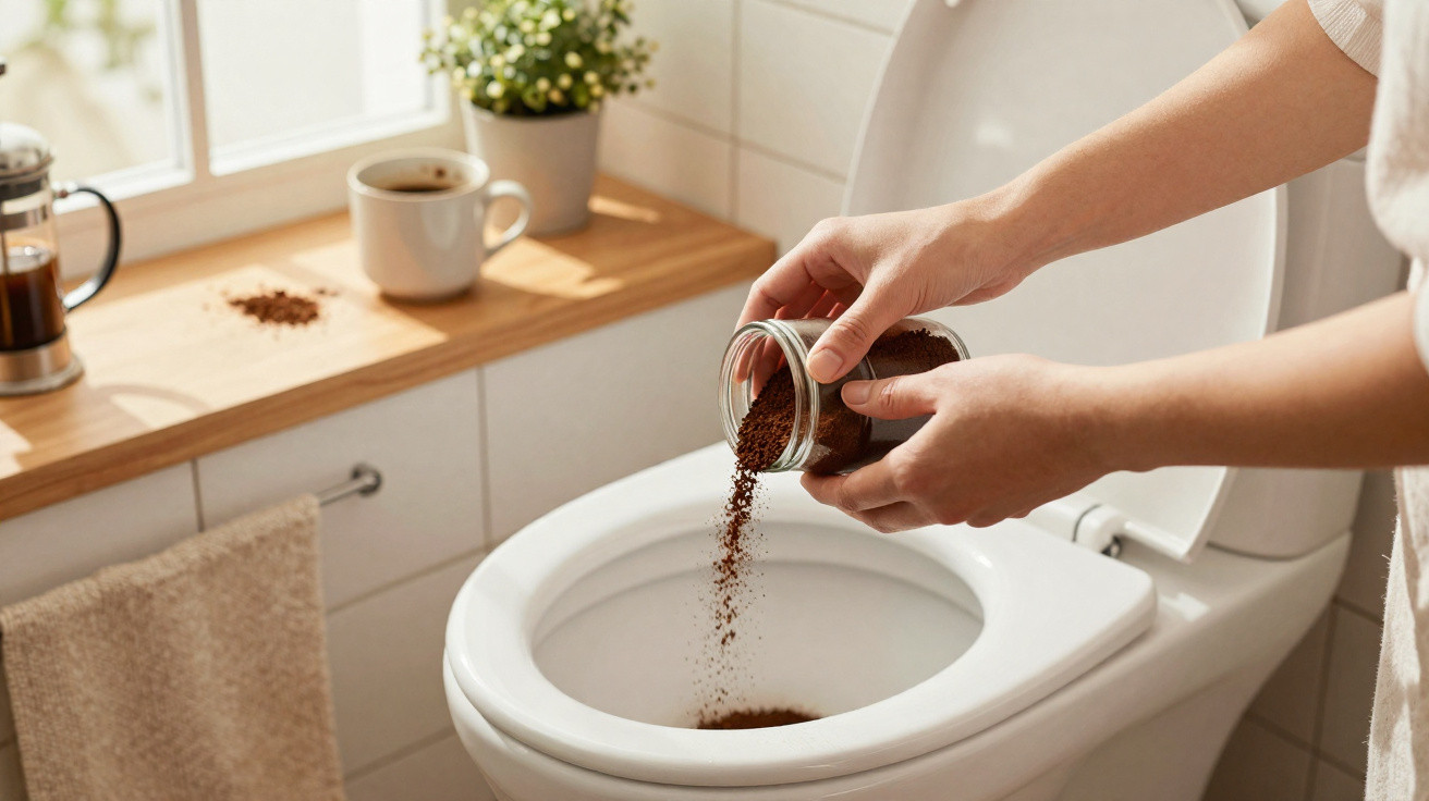 Person pouring coffee grounds from a jar into a clean white toilet bowl in a bright bathroom.