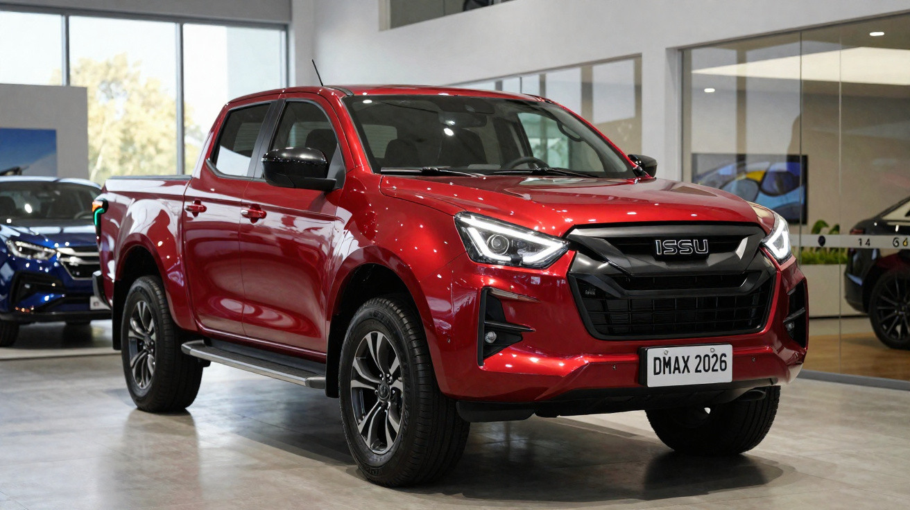 Red ISSU DMAX 2026 pickup truck displayed indoors with modern showroom background and glass walls.
