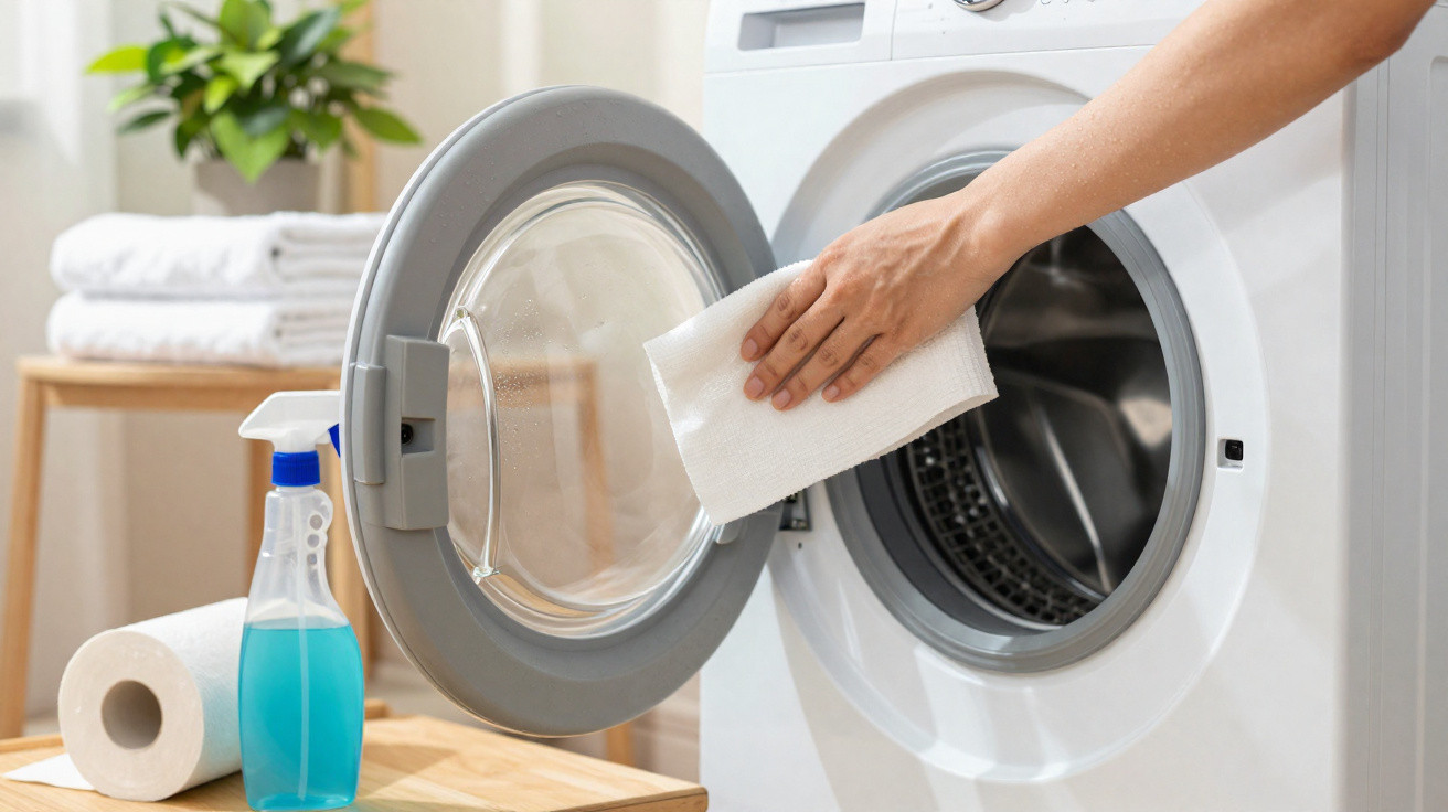 Hand wiping inside door of a front-loading washing machine with cleaning cloth, spray bottle and paper towel nearby.
