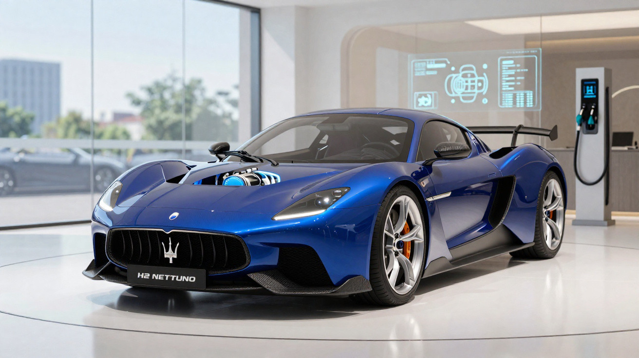 Blue Maserati H2 Nettuno sports car with exposed engine displayed in a modern showroom with digital interface.